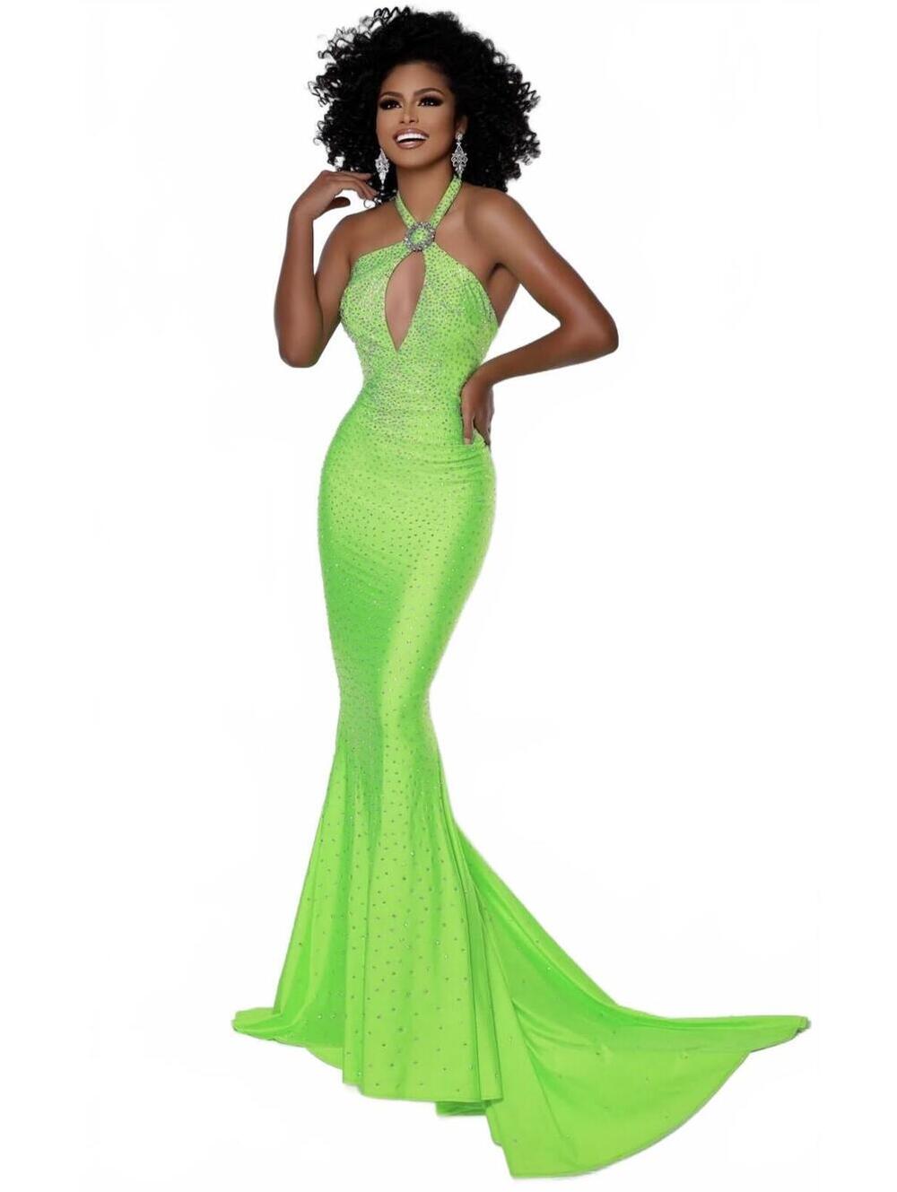 NWT Johnathan Kayne 2401 Lime Size 2 Neon Rhinestone Crossover Prom Gown